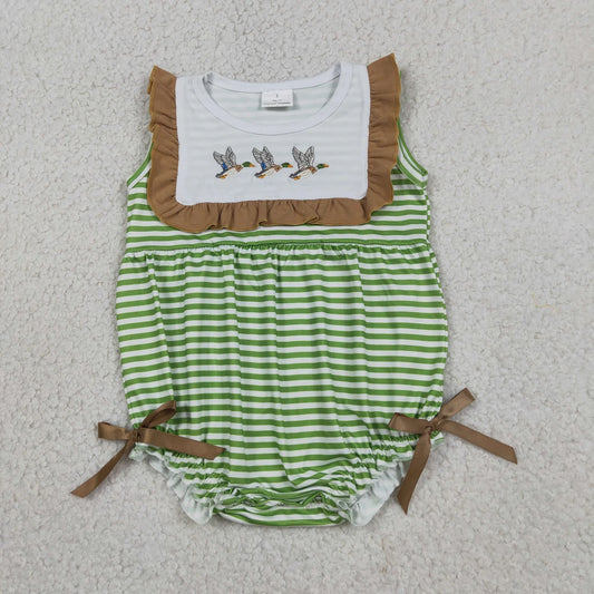 SR4084 Baby Girl Sleeveless Ducks Stripe Ruffle Rompers