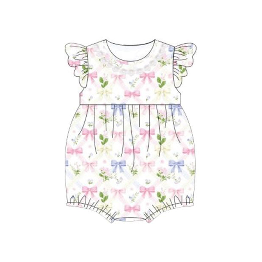 SR4086 Preorder Baby Girl Flutter Sleeve Colorful Flowers Bows Plaid Ruffle Rompers