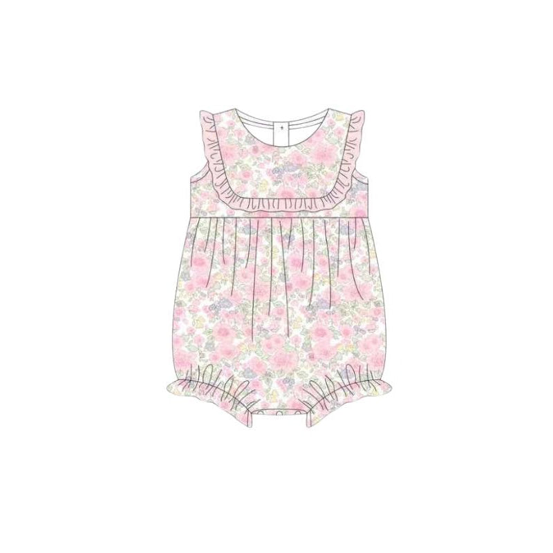 SR4087 Preorder Baby Girl Sleeveless Colorful Flowers Plaid Ruffle Rompers