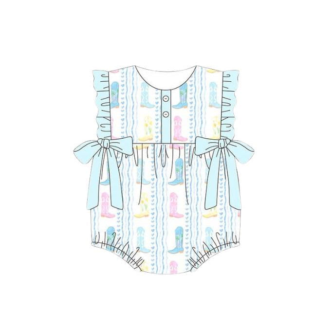 SR4088 Preorder Baby Girl Sleeveless Colorful Boots Stripe Western Button Ruffle Rompers