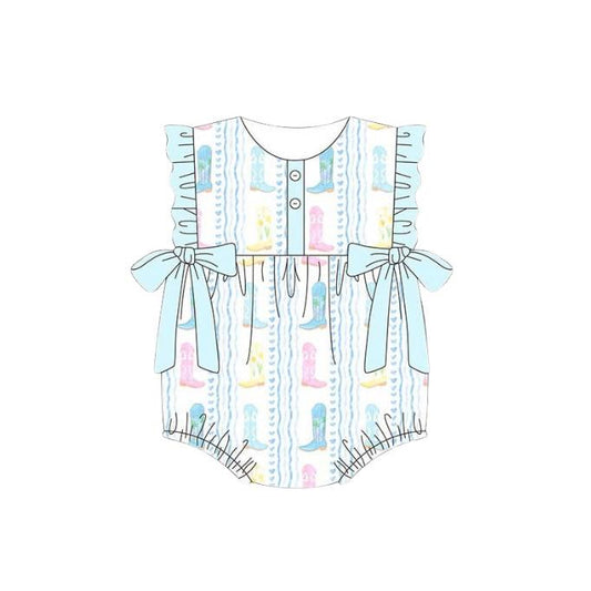 SR4088 Preorder Baby Girl Sleeveless Colorful Boots Stripe Western Button Ruffle Rompers