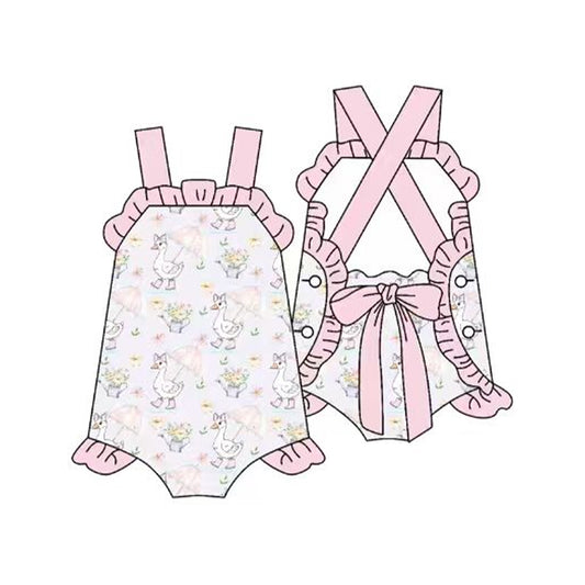 SR4090 Preorder Baby Girl Strap Flower Gooses Open Back Bows Ruffle Rompers