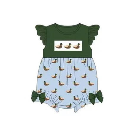 SR4091 Preorder Baby Girl Flutter Sleeve Green Ducks Hunting Ruffle Rompers