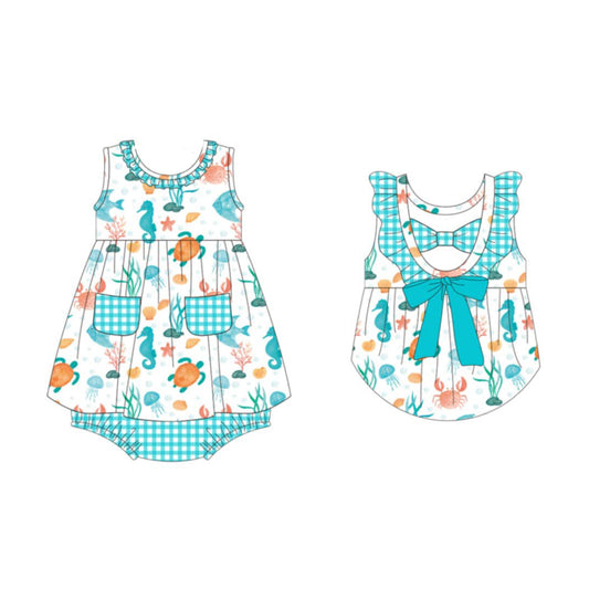 SR4098 Preorder Baby Girl Sleeveless Tortoise Fishes Pockets Tunic Bummies Rompers