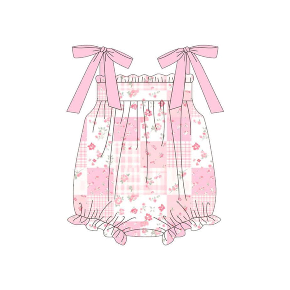 SR4099 Preorder Baby Girl Pink Strap Flowers Checked Ruffle Rompers