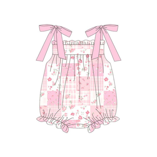 SR4099 Preorder Baby Girl Pink Strap Flowers Checked Ruffle Rompers