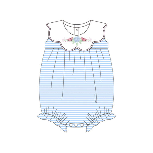 SR4100 Preorder Baby Girl Blue Stripe Flower Watermelons Ruffle Rompers