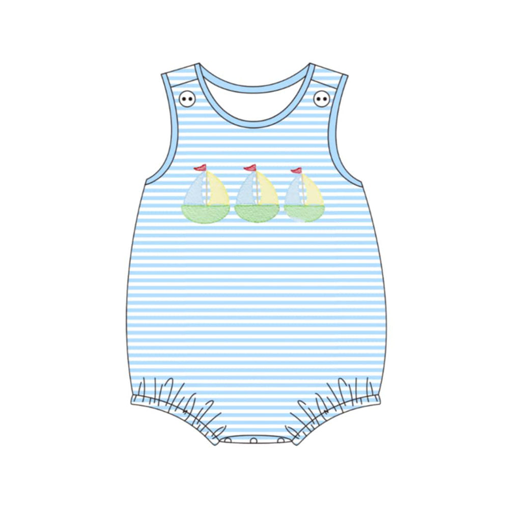 SR4104 Preorder Baby Boy Sleeveless Blue Stripe Boats Rompers