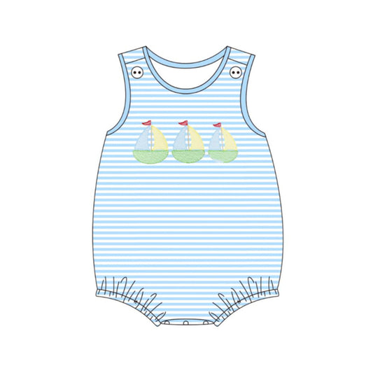 SR4104 Preorder Baby Boy Sleeveless Blue Stripe Boats Rompers
