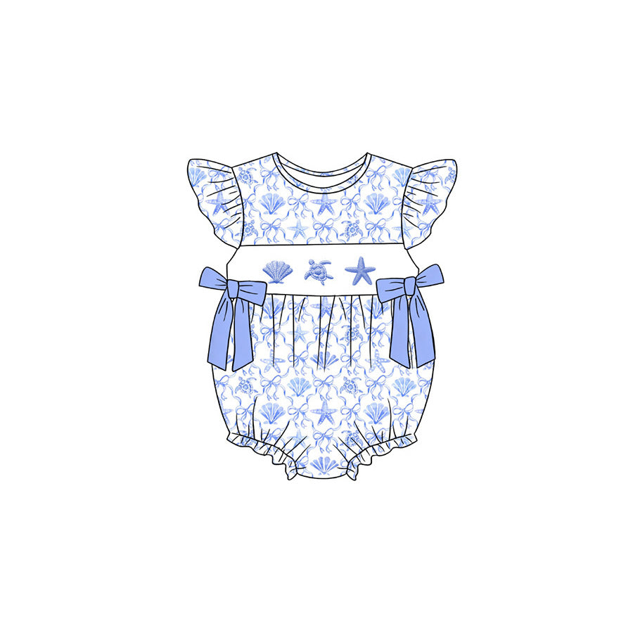 SR4109 Preorder Baby Girls Flutter Sleeve Shell Starfish Bows Checked Ruffle Rompers