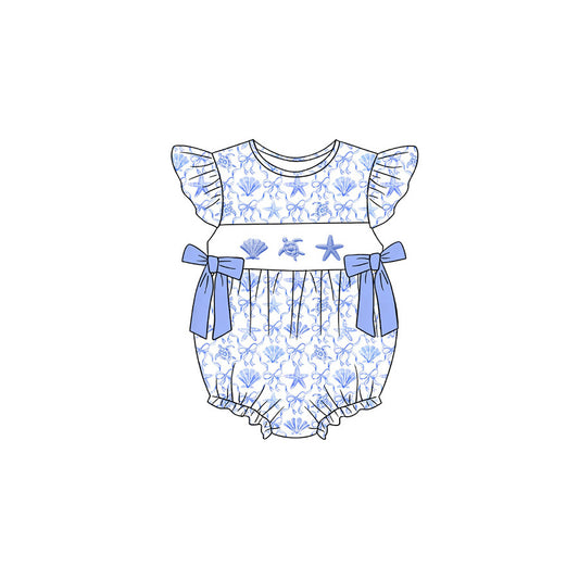SR4109 Preorder Baby Girls Flutter Sleeve Shell Starfish Bows Checked Ruffle Rompers