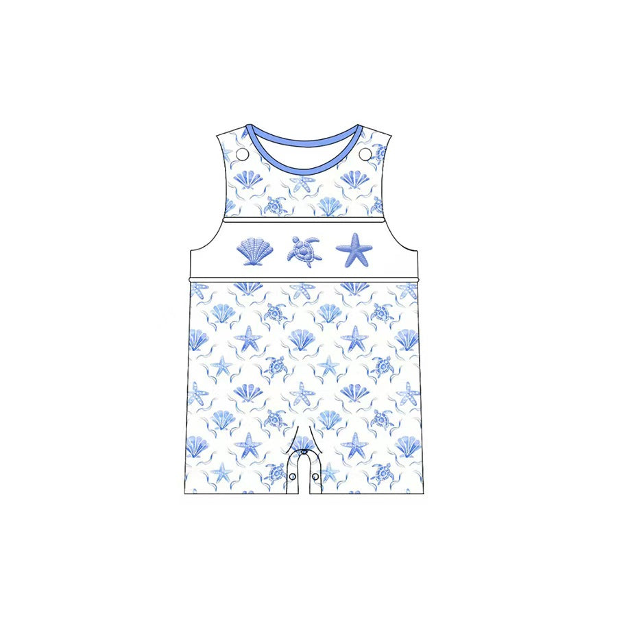 SR4110 Preorder Baby Girls Sleeveless Shell Starfishes Checked Shorts Rompers