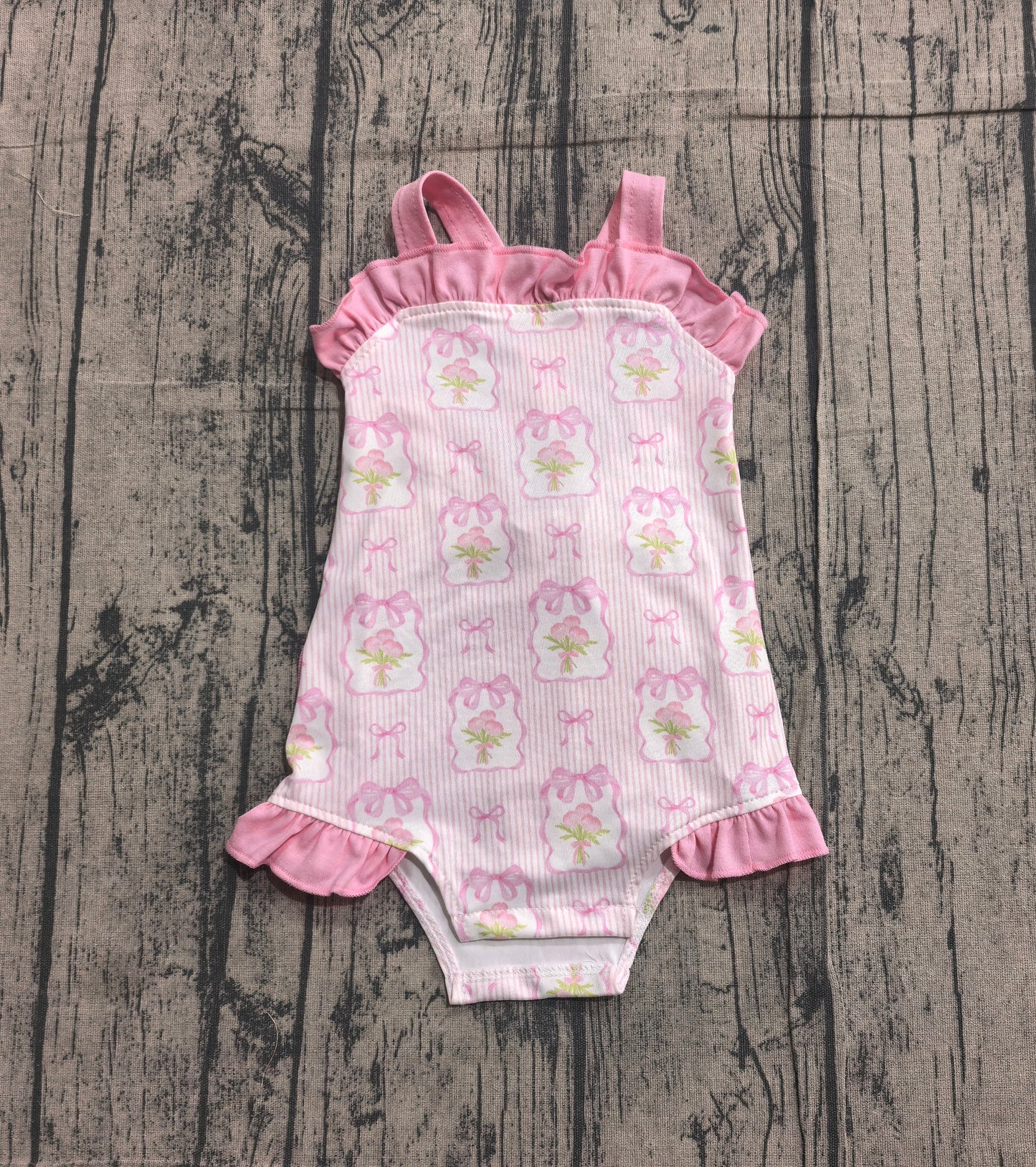 SR4112 Preorder Sample Baby Girl Pink Strap Flowers Back Bows Ruffle Rompers