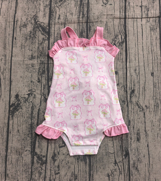 SR4112 Preorder Sample Baby Girl Pink Strap Flowers Back Bows Ruffle Rompers