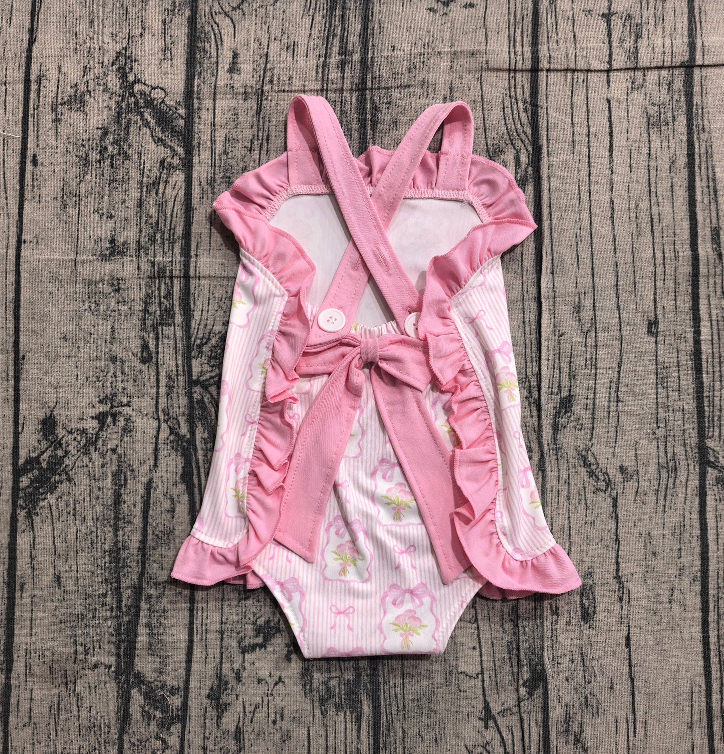 SR4112 Preorder Sample Baby Girl Pink Strap Flowers Back Bows Ruffle Rompers