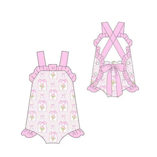 SR4112 Preorder Baby Girl Pink Strap Flowers Back Bows Ruffle Rompers