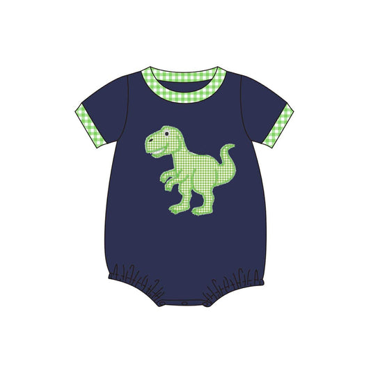 SR4113 Preorder Baby Boy Navy Short Sleeve Green Checked Dinosaurs Rompers