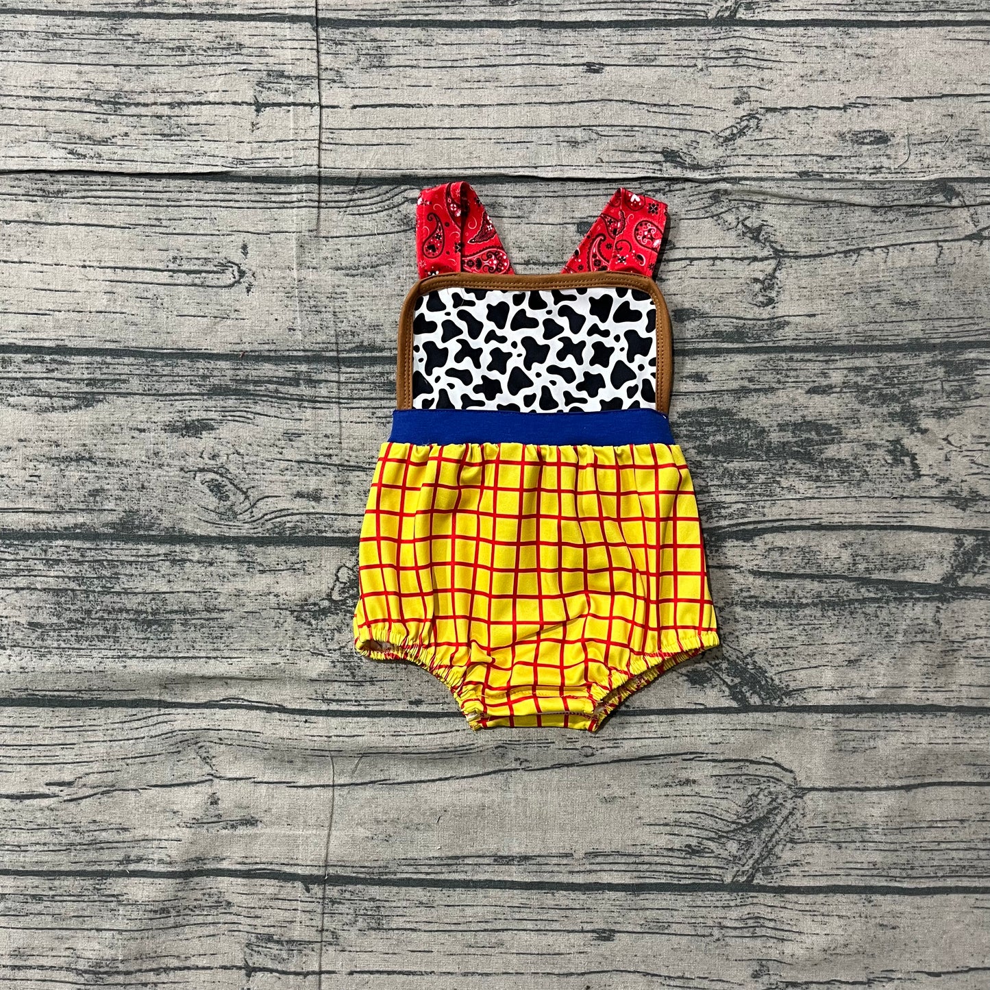 SR4114 Preorder Sample Baby Boys Strap Cow Print Yellow Checked Rompers