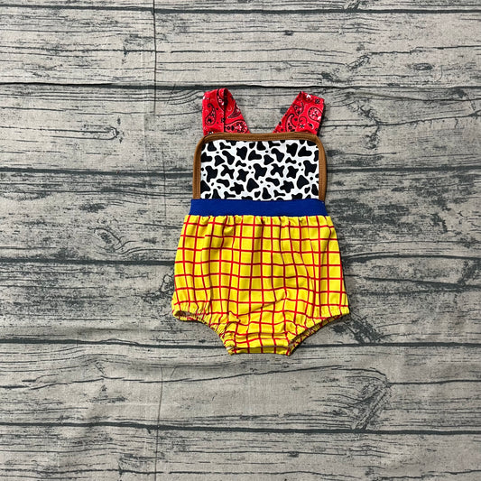 SR4114 Preorder Sample Baby Boys Strap Cow Print Yellow Checked Rompers