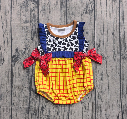 SR4115 Preorder Sample Baby Girl Sleeveless Cow Print Yellow Checked Ruffle Rompers