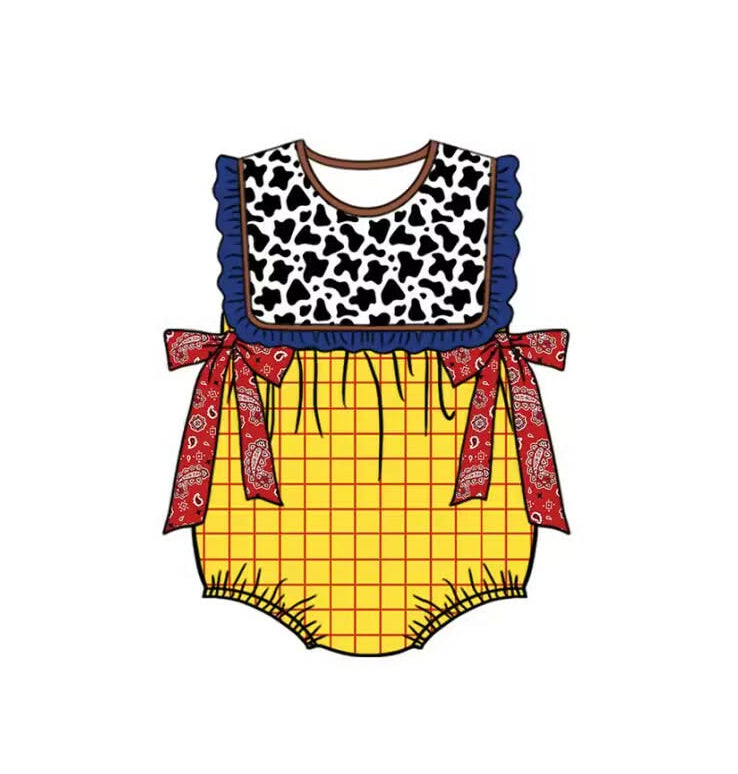 SR4115 Preorder Baby Girl Sleeveless Cow Print Yellow Checked Ruffle Rompers