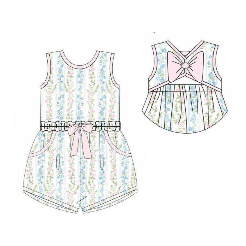 SR4119 Preorder Baby Girl Colorful Floral Stripe Back Bow Pockets Shorts Jumpsuits