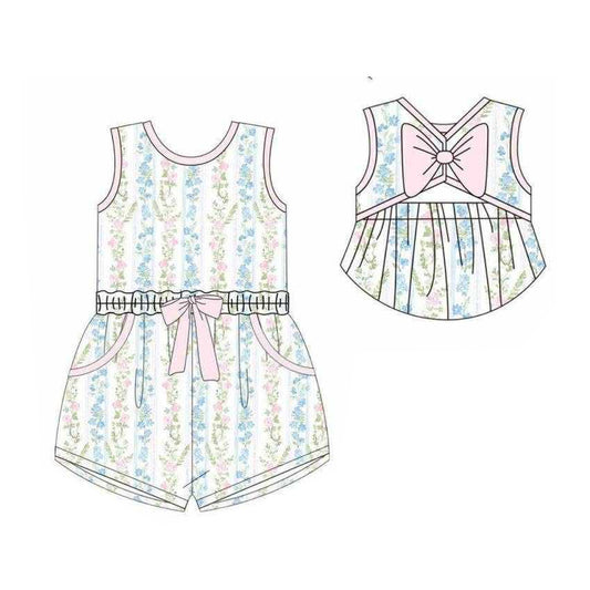 SR4119 Preorder Baby Girl Colorful Floral Stripe Back Bow Pockets Shorts Jumpsuits