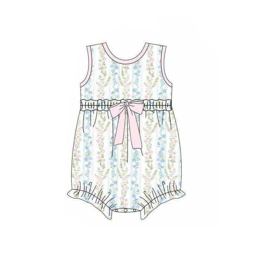 SR4121 Preorder Baby Girl Sleeveless Colorful Flowers Stripe Ruffle Rompers
