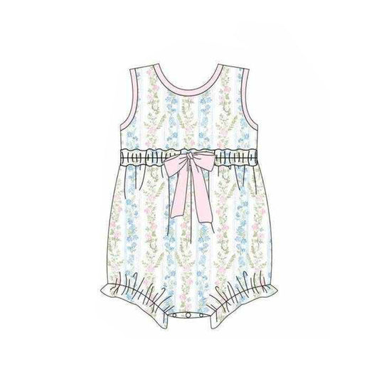 SR4121 Preorder Baby Girl Sleeveless Colorful Flowers Stripe Ruffle Rompers