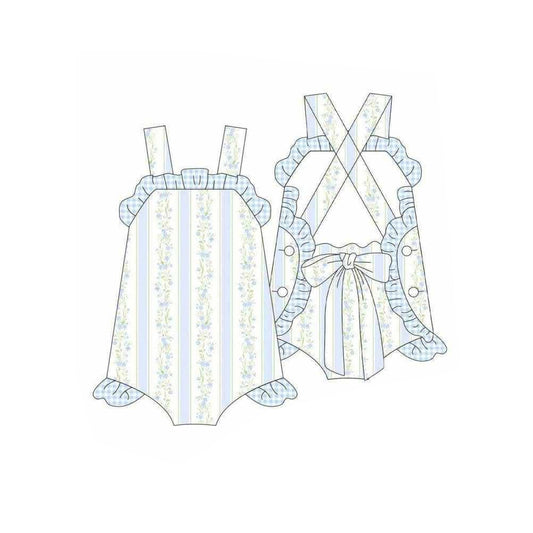 SR4123 Preorder Baby Girl Strap Blue Flowers Stripe Back Bow Ruffle Rompers