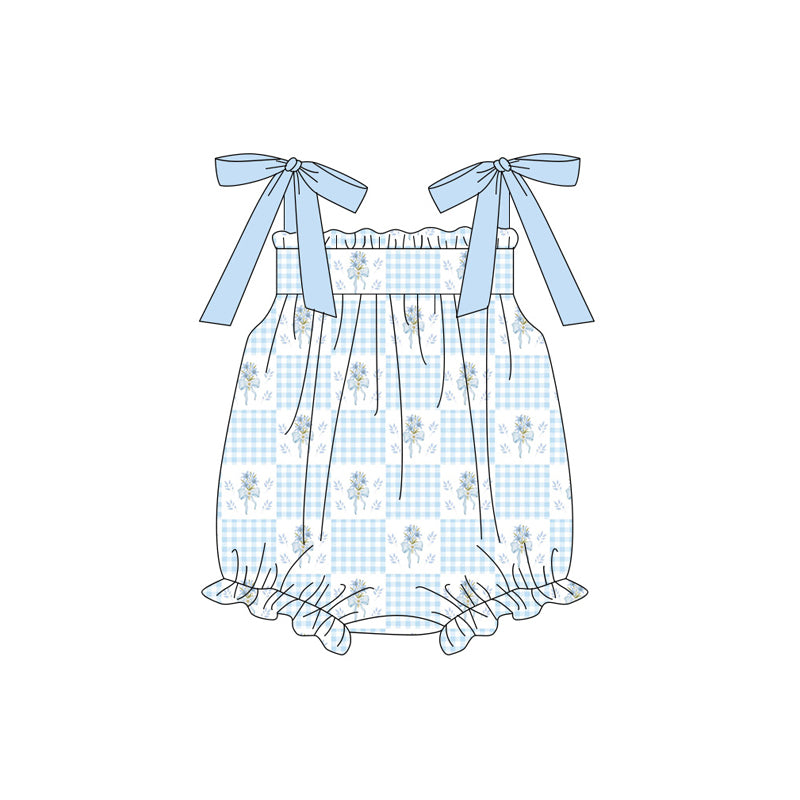 SR4124 Preorder Baby Girl Strap Blue Flowers Checked Ruffle Rompers