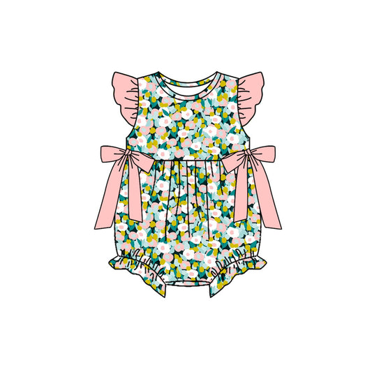 SR4125 Preorder Baby Girl Flutter Sleeve Colorful Flowers Ruffle Rompers