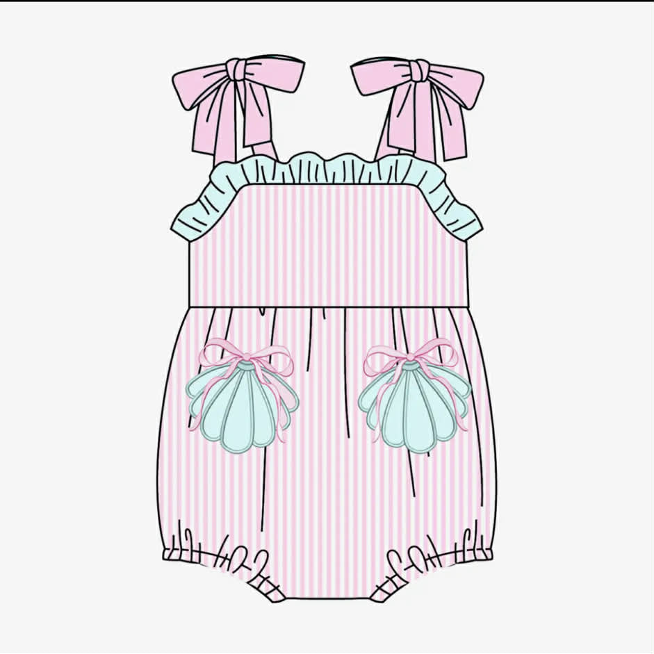 SR4127 Preorder Baby Girl Strap Pink Stripe Bows Pockets Ruffle Rompers