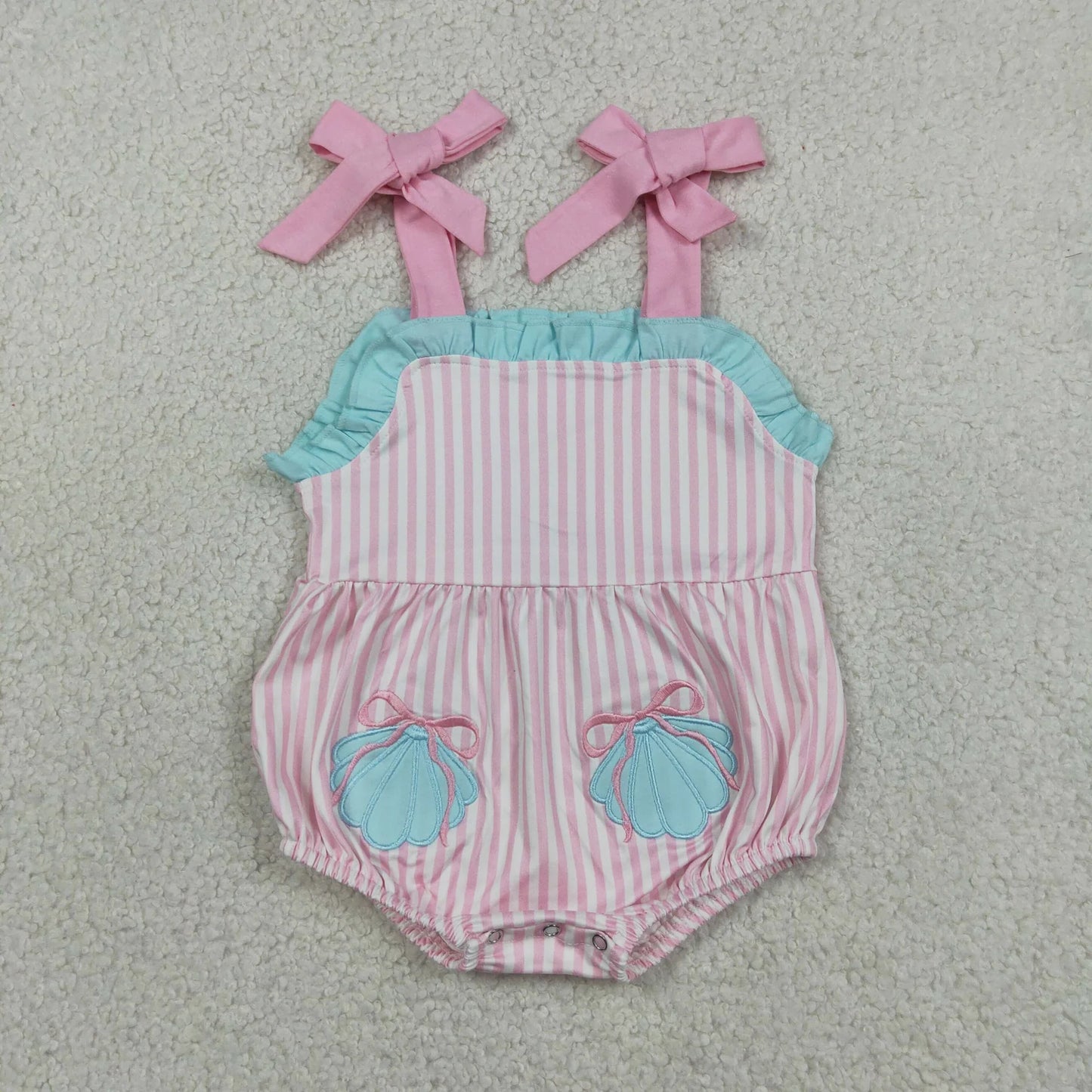 SR4127 Embroidery Shell Pockets Baby Girls Strap Pink Stripe Ruffle Rompers