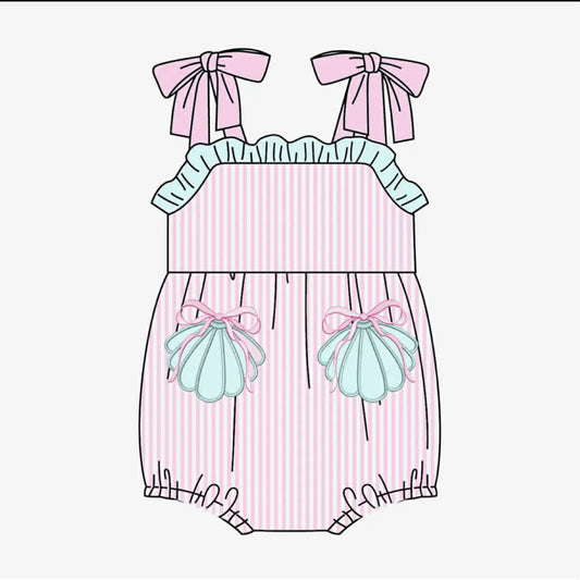 SR4127 Preorder Baby Girl Strap Pink Stripe Bows Pockets Ruffle Rompers
