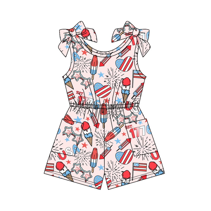 SR4129 Preorder Baby Girl Sleeveless Popsicle USA 4th of July Pockets Jumpsuits