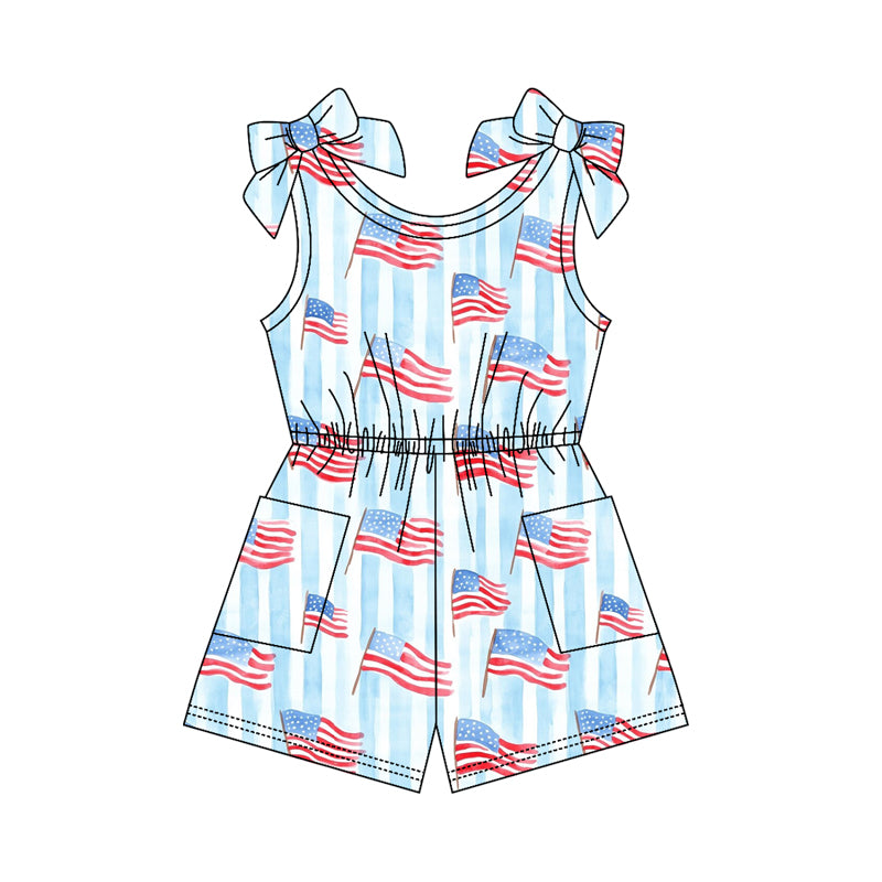 SR4130 Preorder Baby Girl Sleeveless Blue Stripe Flags 4th of July Pockets Jumpsuits