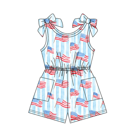 SR4130 Preorder Baby Girl Sleeveless Blue Stripe Flags 4th of July Pockets Jumpsuits