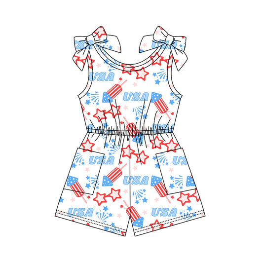 SR4131 Preorder Baby Girl Sleeveless USA Fireworks 4th of July Pockets Jumpsuits