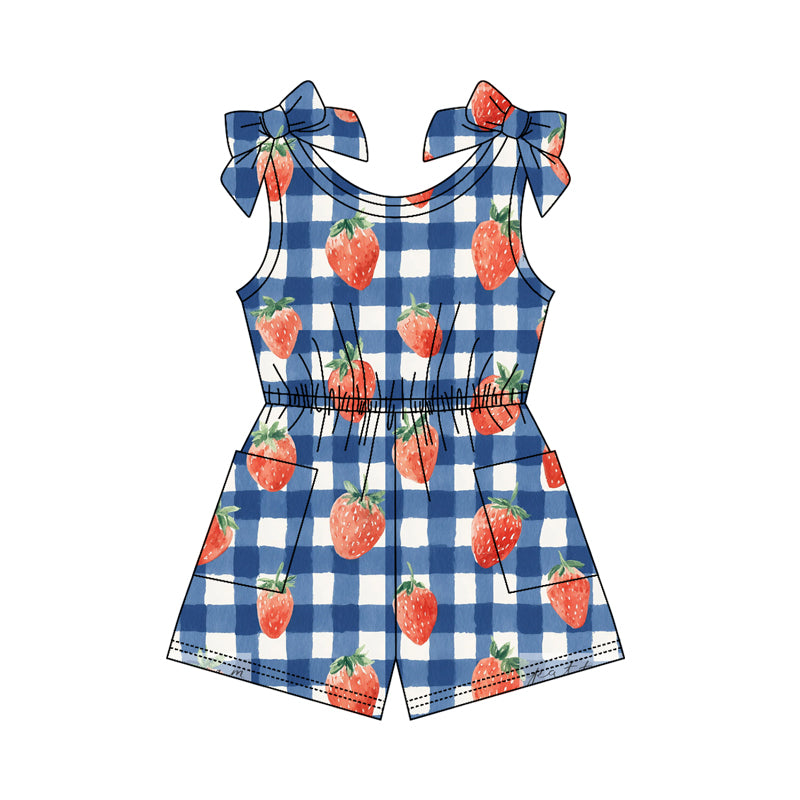 SR4132 Preorder Baby Girl Sleeveless Strawberry Checked 4th of July Pockets Jumpsuits