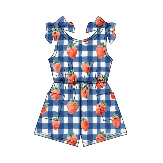 SR4132 Preorder Baby Girl Sleeveless Strawberry Checked 4th of July Pockets Jumpsuits