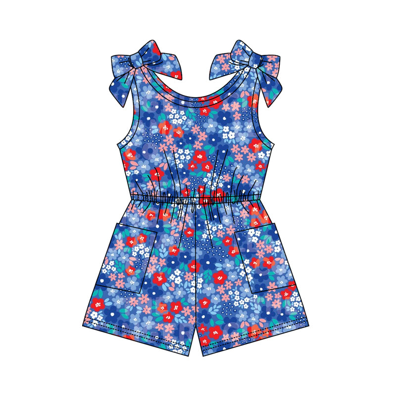 SR4133 Preorder Baby Girl Sleeveless Colorful Small Flowers 4th of July Pockets Jumpsuits