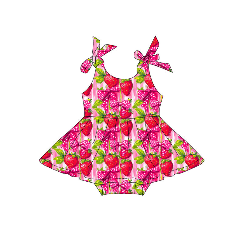SR4134 Preorder Baby Girl Strap Bows Strawberry Tunic Ruffle Rompers