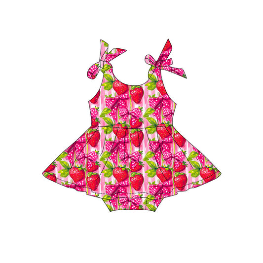 SR4134 Preorder Baby Girl Strap Bows Strawberry Tunic Ruffle Rompers