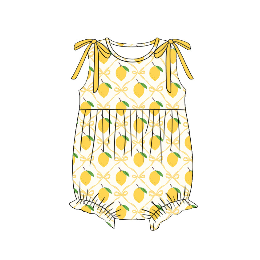 SR4136 Preorder Baby Girl Sleeveless Bows Lemons Checked Ruffle Rompers