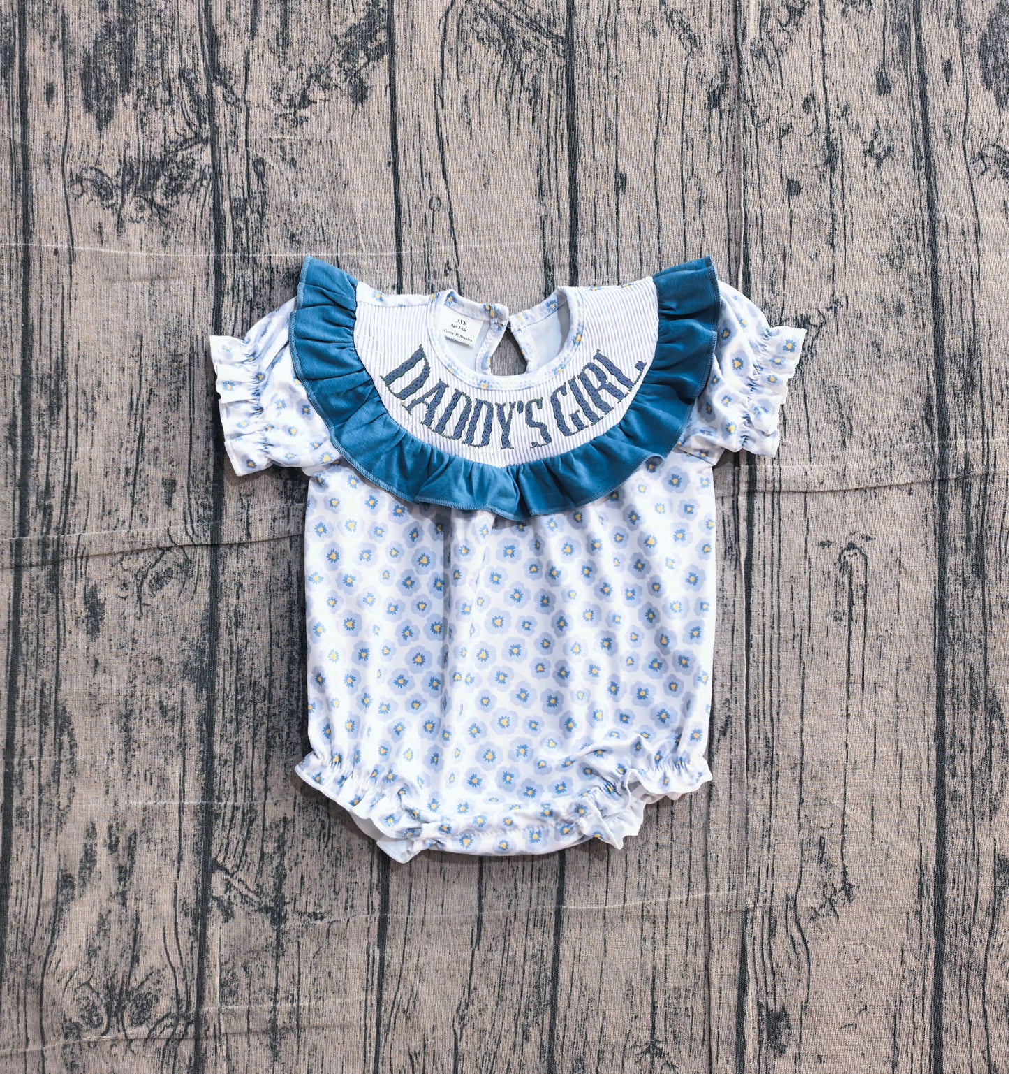 SR4141 Preorder Sample Smocked Daddy's Girl Blue Flowers Ruffle Rompers
