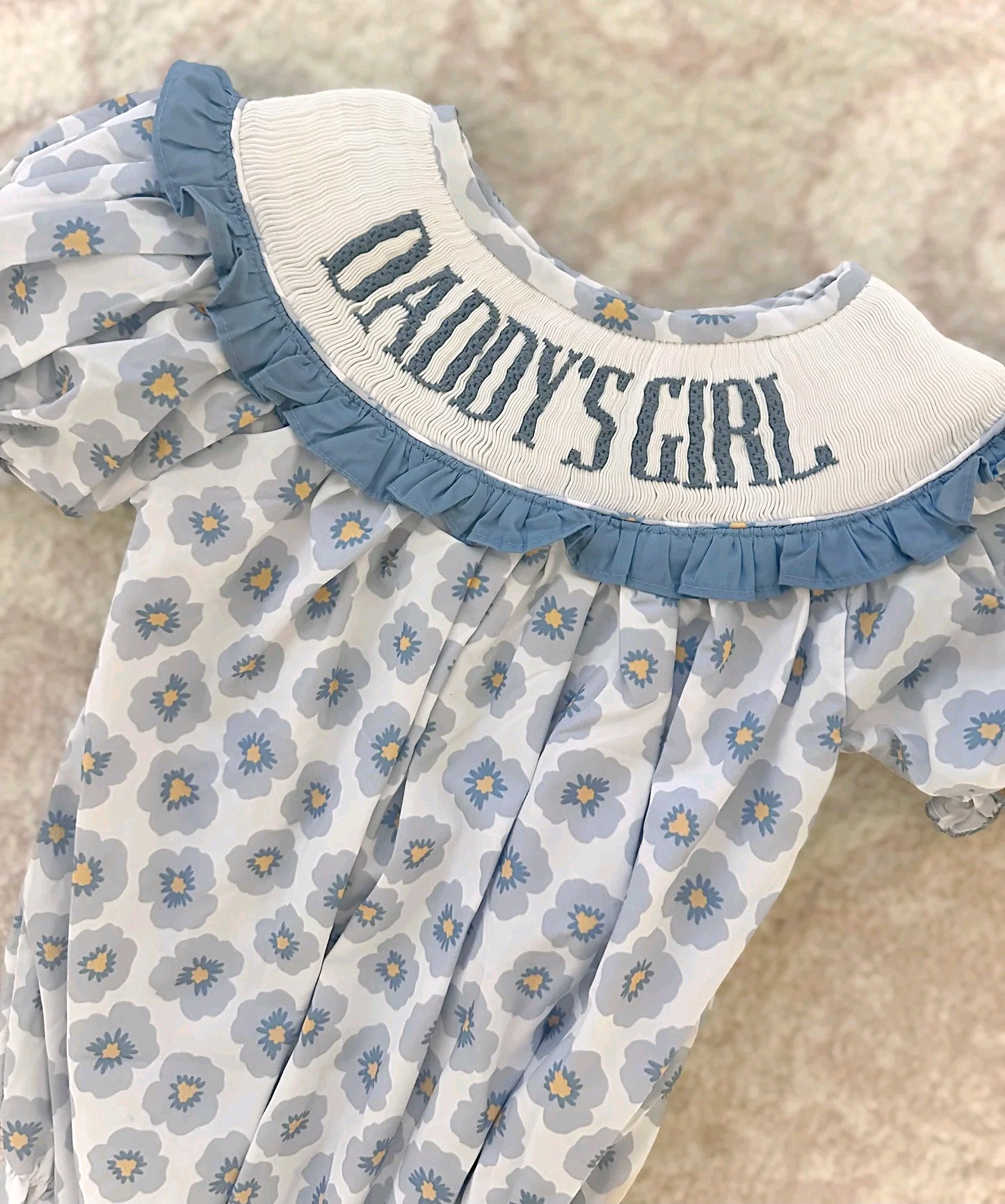 SR4141 Preorder Baby Girl Blue Flowers Daddy's Girl Ruffle Rompers