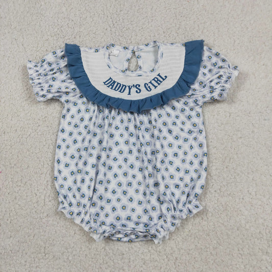SR4141 Smocked Daddy's Girl Blue Flowers Ruffle Rompers