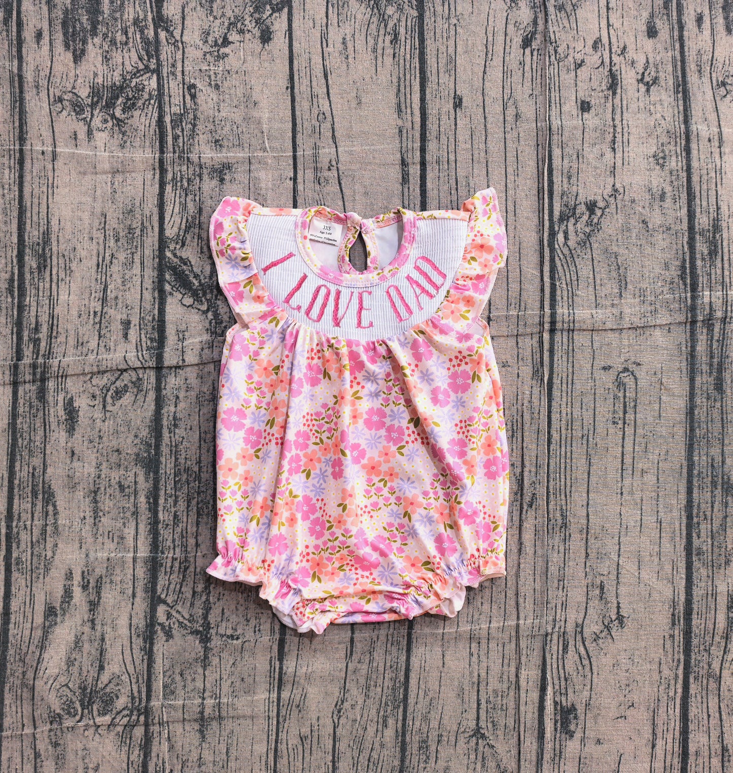 SR4142 Preorder Sample Smocked I Love Dad Baby Girls Pink Flowers Ruffle Rompers