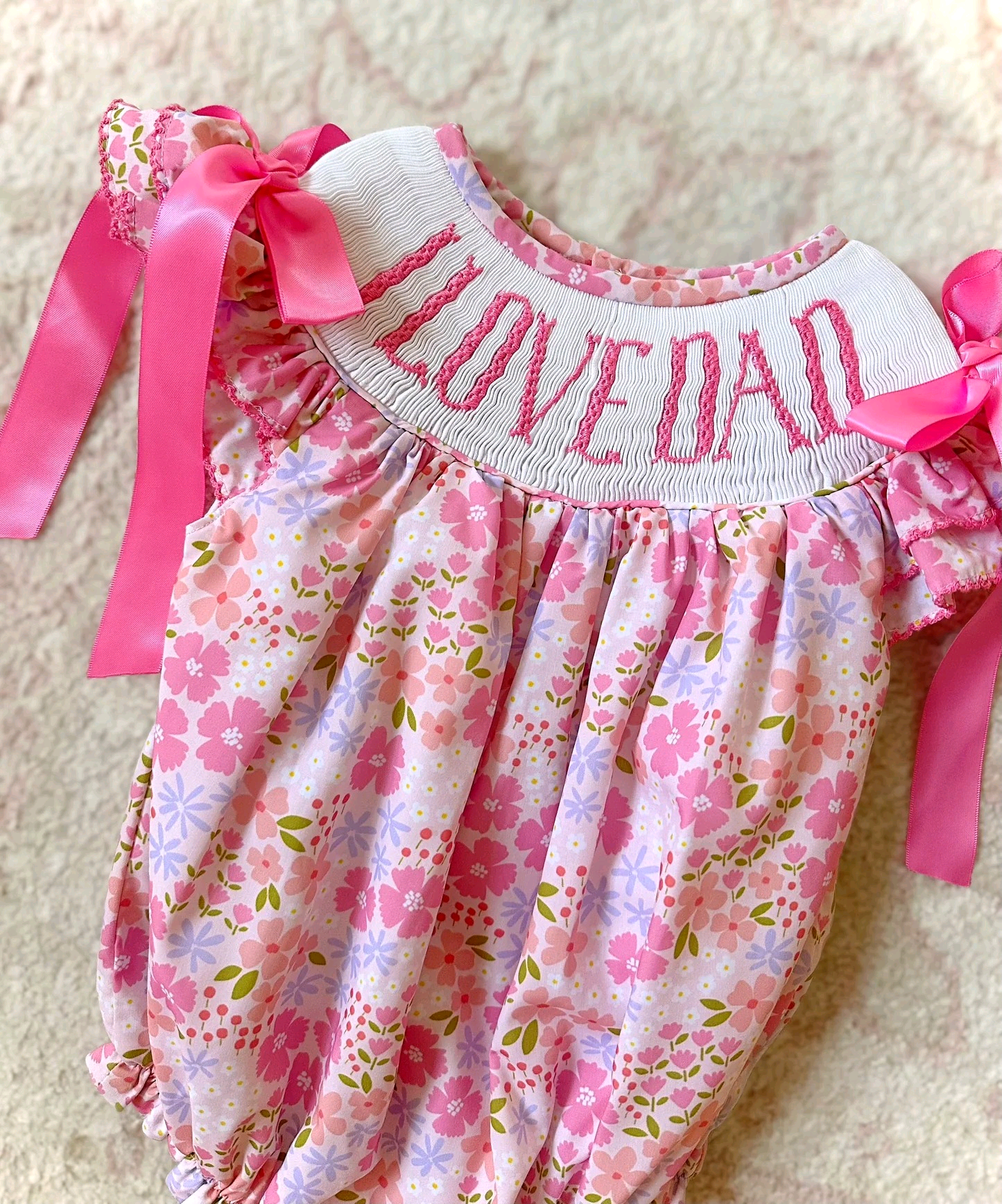 SR4142 Preorder Baby Girl Pink Flowers I Love Dad Ruffle Rompers